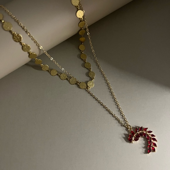 Romantic Gold & Red Cubic Zirconia Leaf Pendant Necklace Set - Glam Necklace - Picture 8 of 9